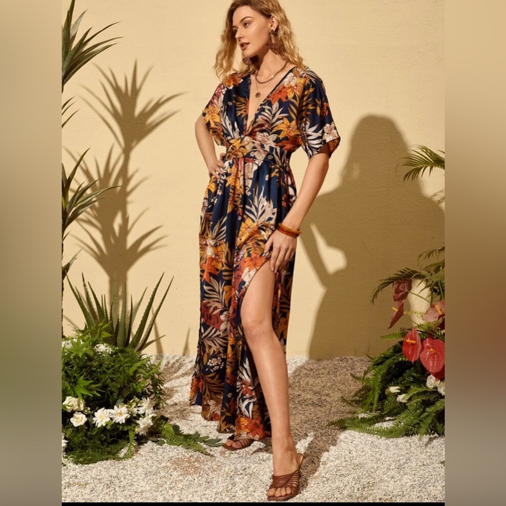 Boho Tropical Print Split Thigh Dress size Large - Picture 4 of 10